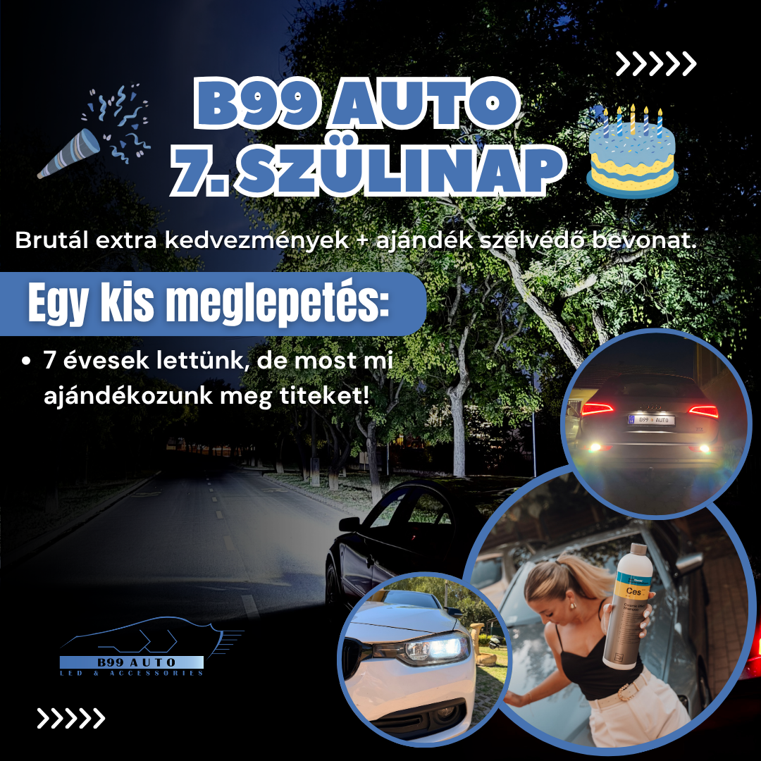 B99 AUTO 7.születésnap: extra kedvezmények és ajándék szélvédő bevonat minden fényszóró LED rendeléshez! 